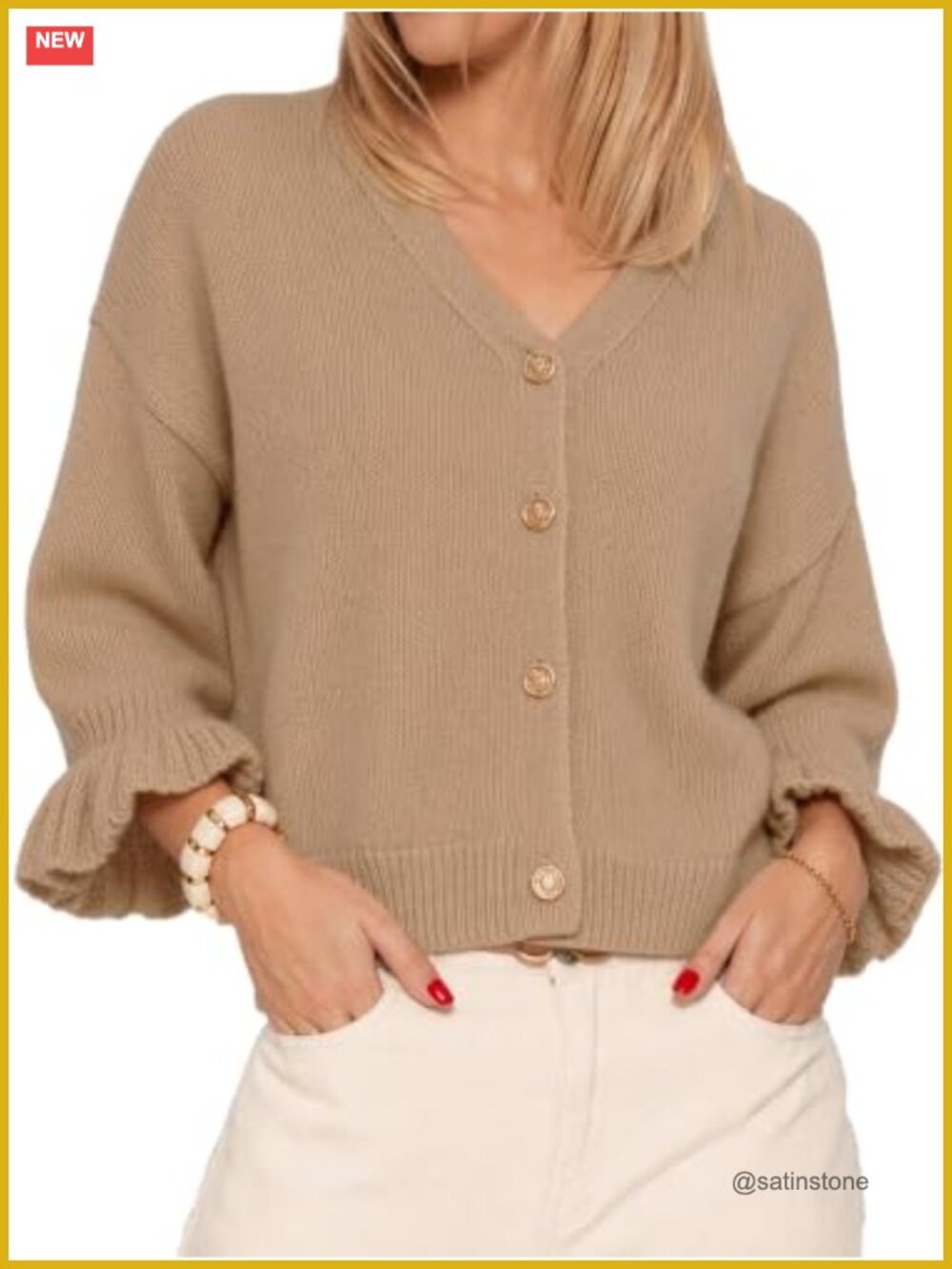 Women 3/4 Sleeve Cardigan Oversized Cropped Button Down V Neck Knit